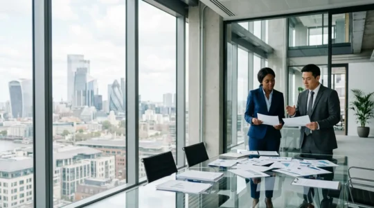 Business professionals reviewing financial documents in modern office setting for mortgage application