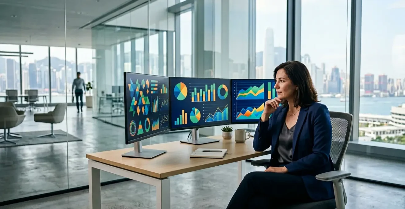 Business professional analyzing financial data visualizations on multiple screens in modern office