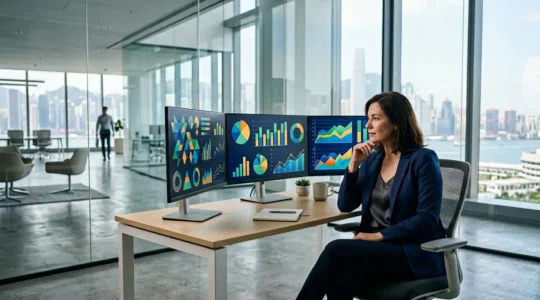Business professional analyzing financial data visualizations on multiple screens in modern office