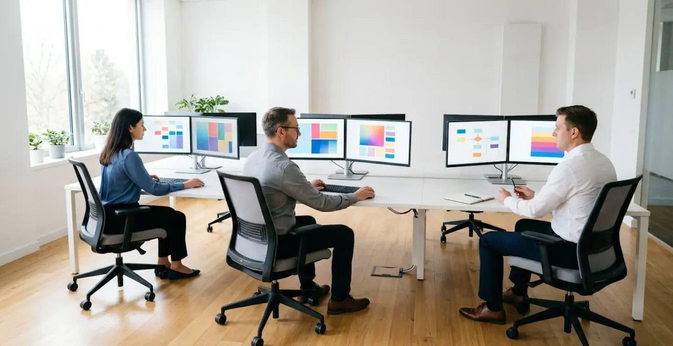 Finance team conducting parallel payroll system testing in conference room