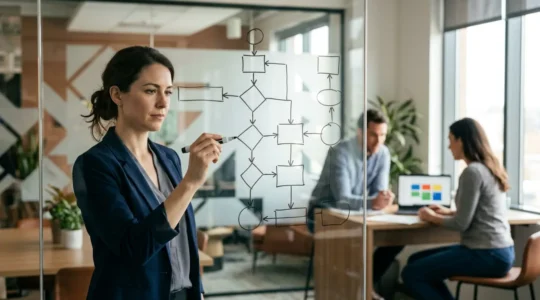 Professional team reviewing payroll implementation strategy in modern office