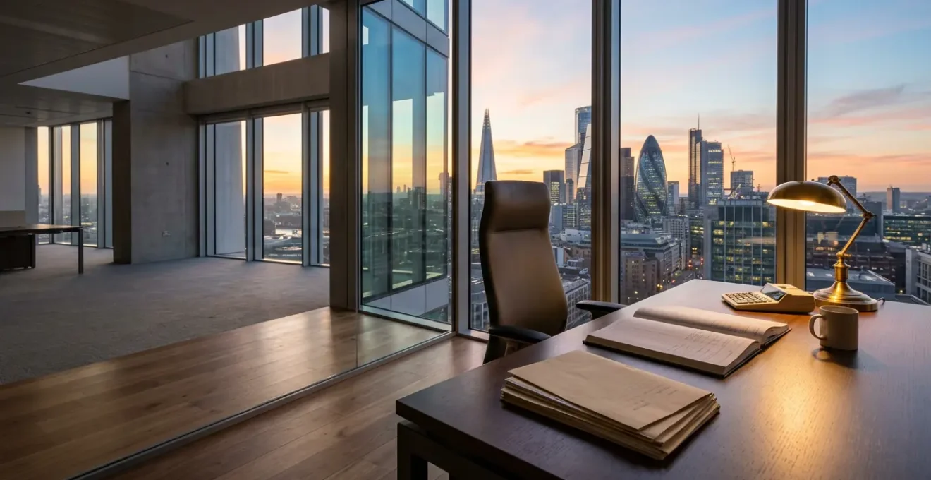 Professional office setting showing detailed financial documents and compliance materials