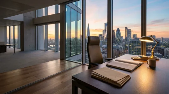 Professional office setting showing detailed financial documents and compliance materials