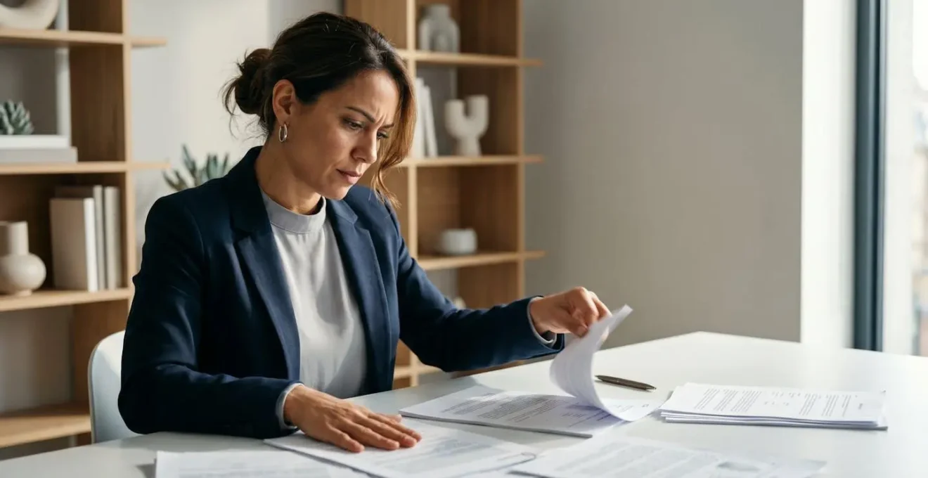 Wide angle view of compliance officer reviewing documents in minimalist office