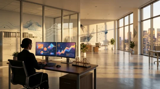 Professional working with VAT compliance software on computer in modern office