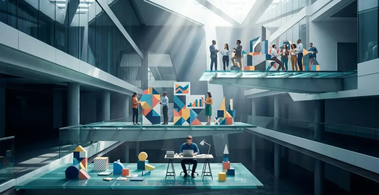 Three ascending glass platforms in a modern atrium, each showing a progressively larger team, symbolizing phased business growth.