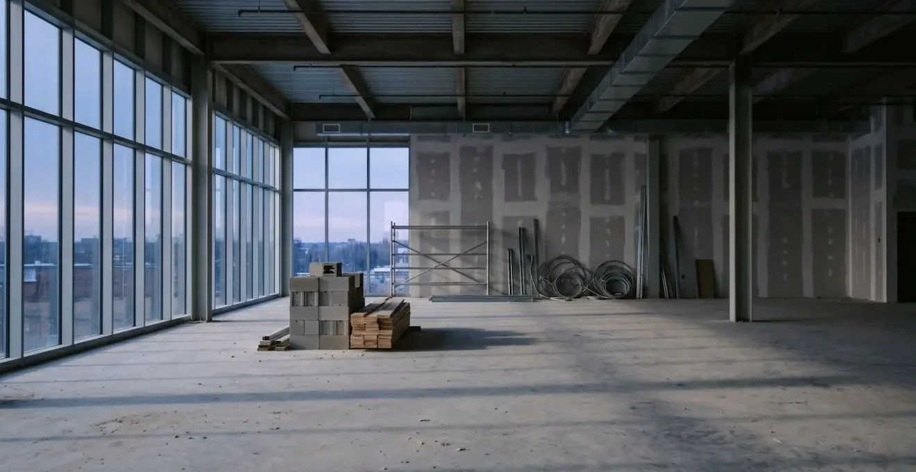 Wide angle view of empty retail space under construction with dramatic natural lighting