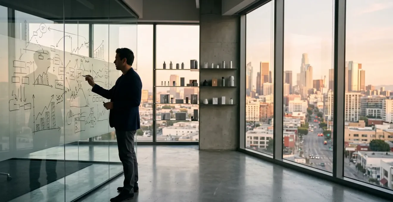 Business founder analyzing multiple funding options on glass board for retail expansion without equity dilution