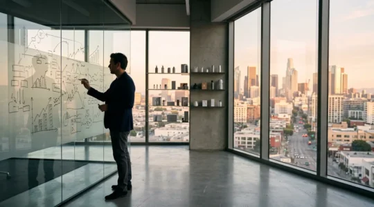 Business founder analyzing multiple funding options on glass board for retail expansion without equity dilution