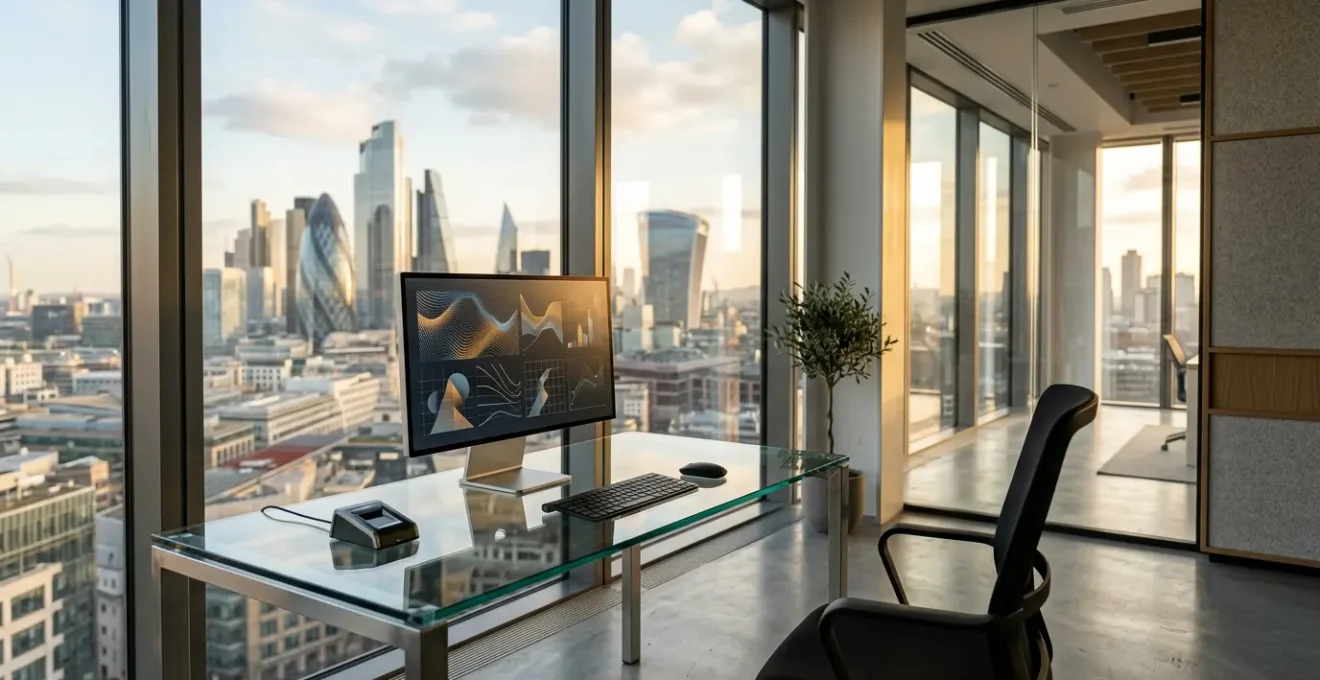 Modern UK law office with secure digital workstation displaying encrypted financial data streams