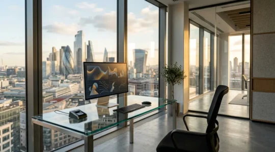 Modern UK law office with secure digital workstation displaying encrypted financial data streams