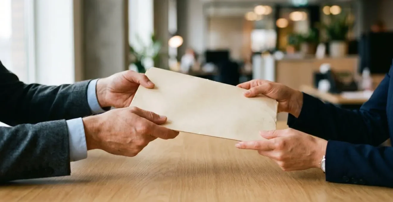 Professional hands exchanging secure documents in a modern office setting, symbolising trust in a financial handover.