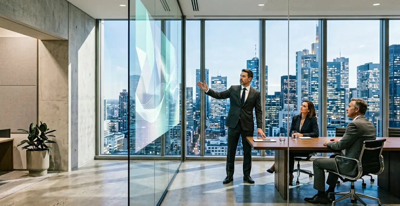 Executive team analyzing financial growth models in modern glass-walled boardroom