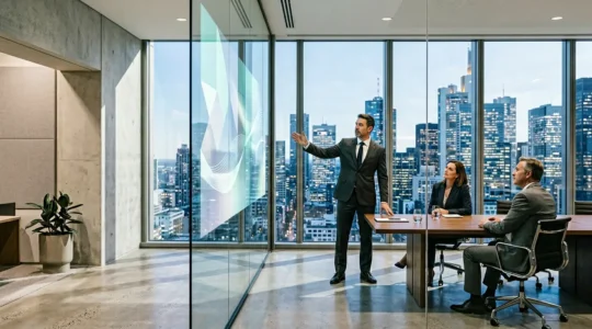 Executive team analyzing financial growth models in modern glass-walled boardroom