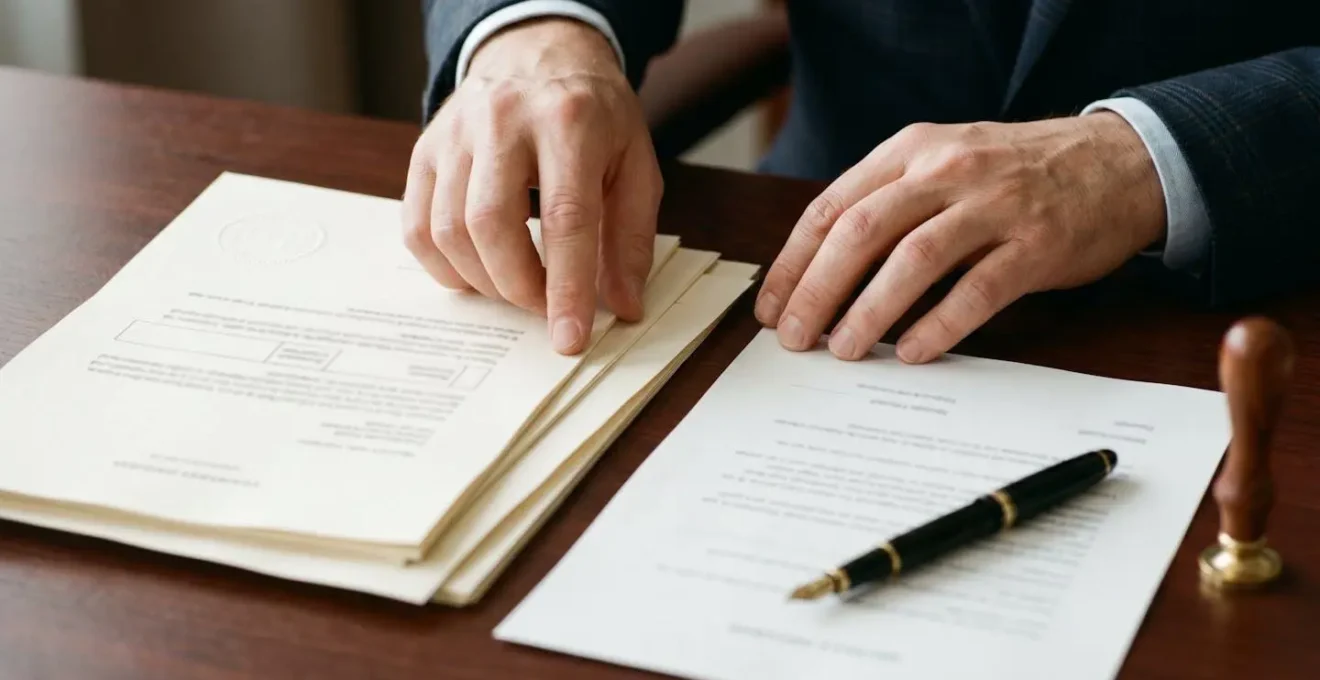 Close-up of hands organizing share transfer documents on wooden desk