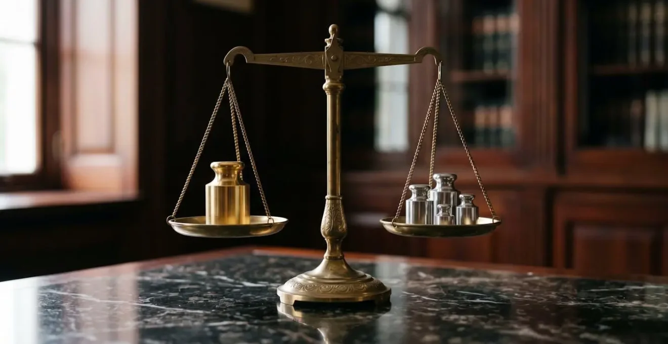 A balance scale in perfect equilibrium with a single large weight on one side and multiple smaller weights on the other, symbolizing minority versus majority shareholder power.