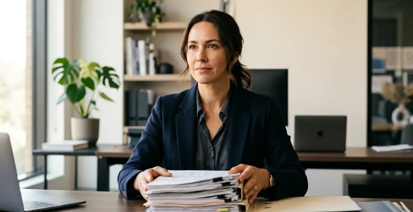 Professional business executive reviewing financial documents with protective gesture symbolizing cash flow security