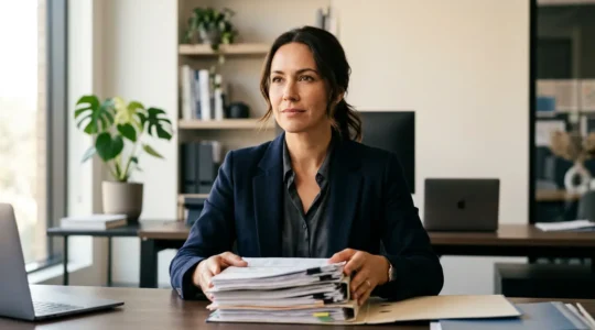 Professional business executive reviewing financial documents with protective gesture symbolizing cash flow security