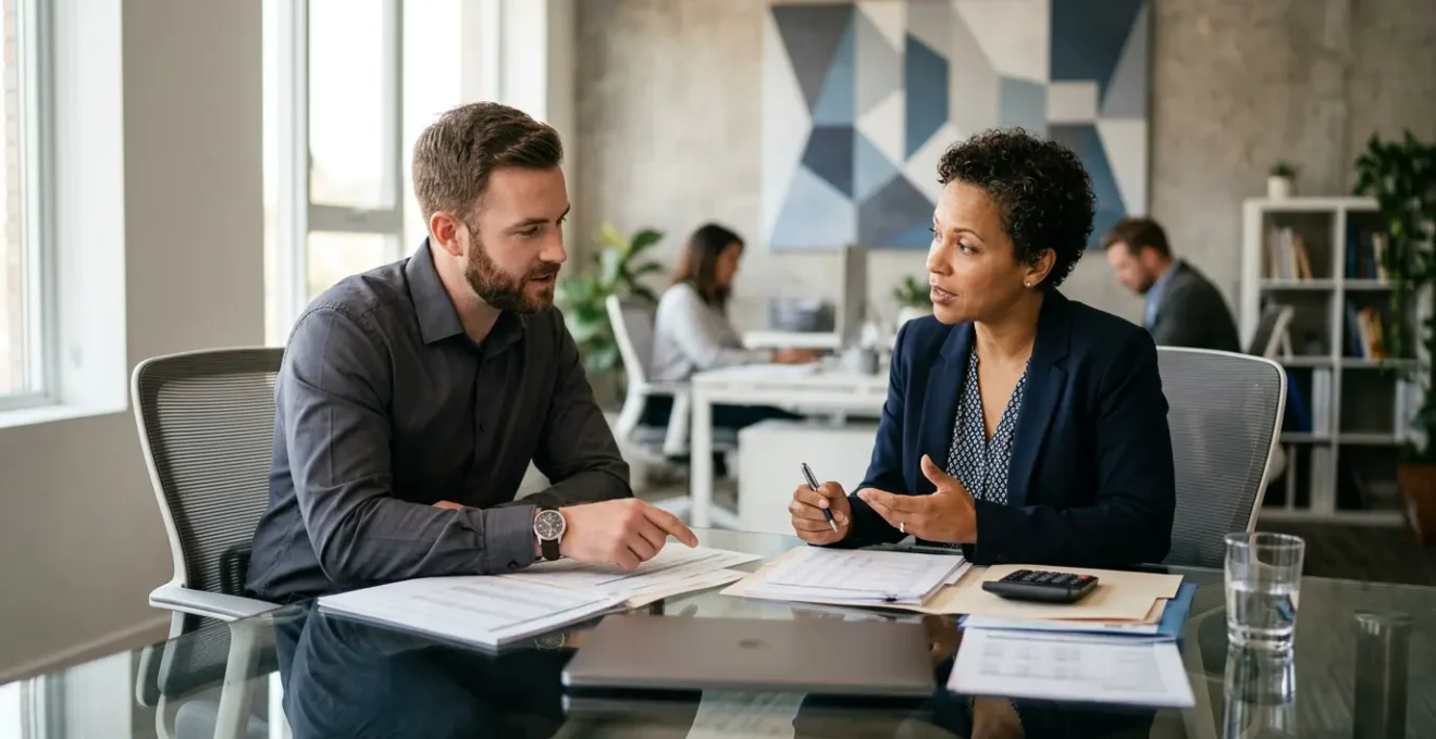 Professional accountant reviewing financial documents with business owner in modern office setting