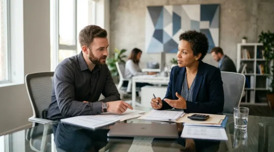 Professional accountant reviewing financial documents with business owner in modern office setting