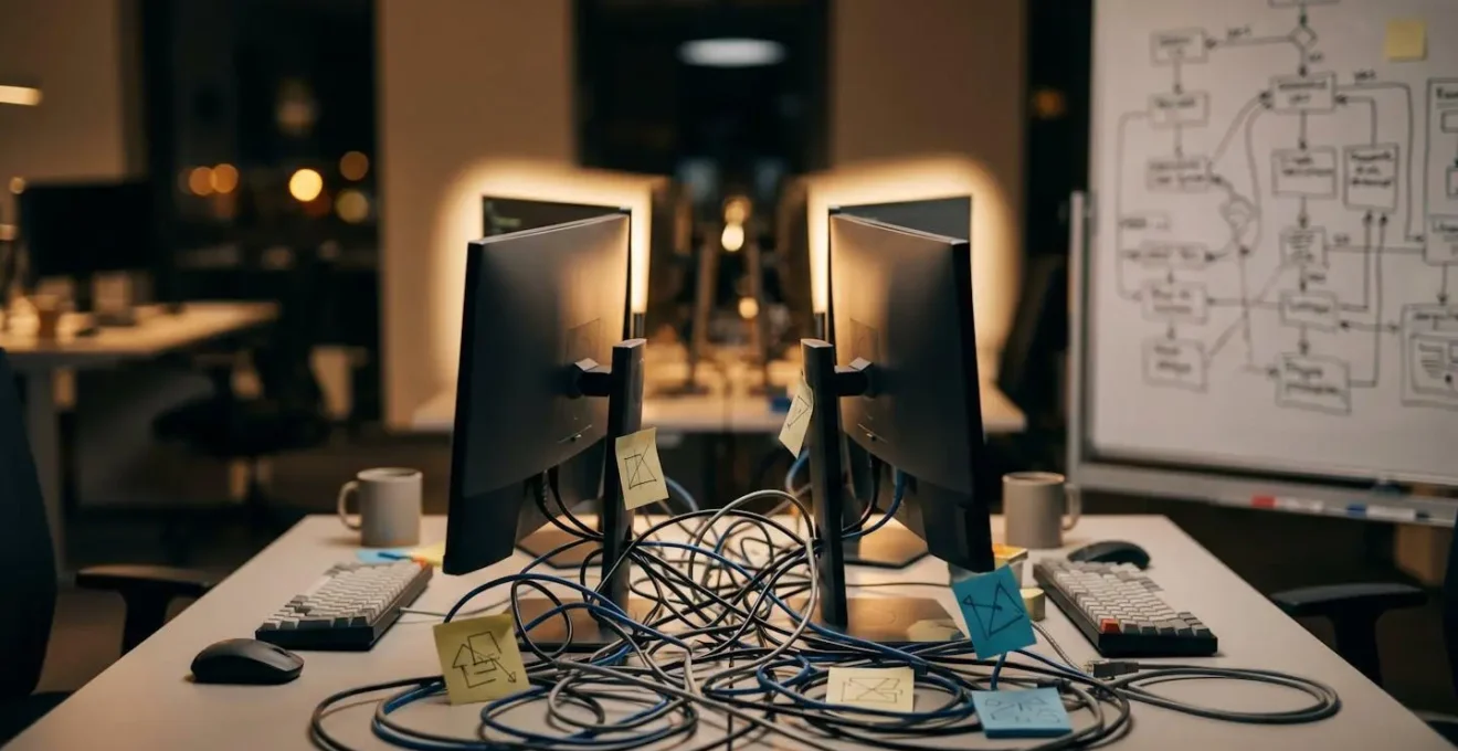 Developer workspace showing complex software architecture planning