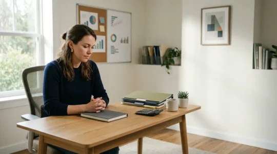 Professional freelancer organizing financial paperwork for self assessment