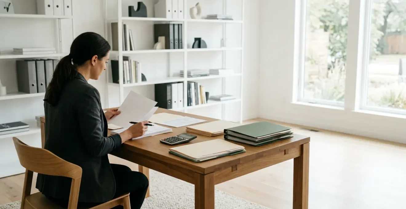 Professional working at desk with financial documents in organized office setting