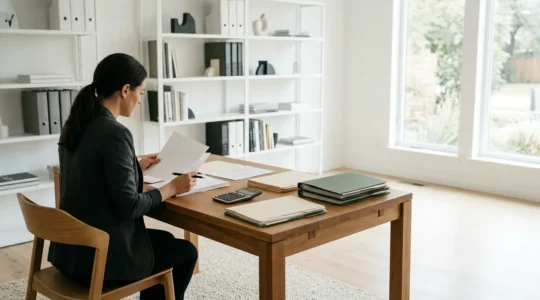 Professional working at desk with financial documents in organized office setting