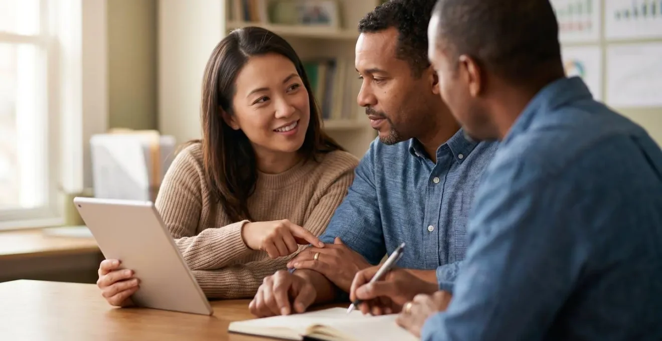 Couple reviewing financial documents together at home office desk