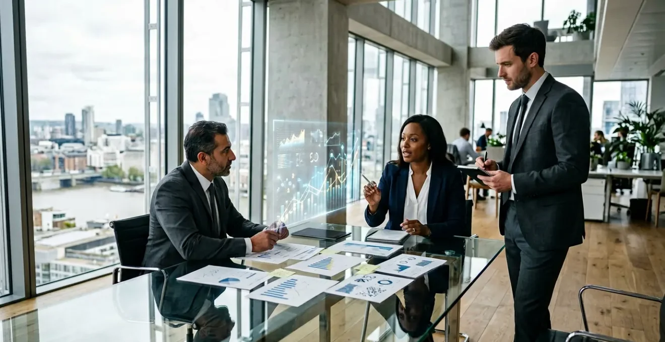 Professional team analyzing pricing models and financial forecasts on interactive dashboard