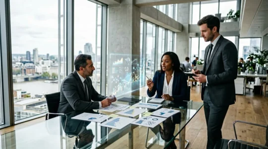 Professional team analyzing pricing models and financial forecasts on interactive dashboard