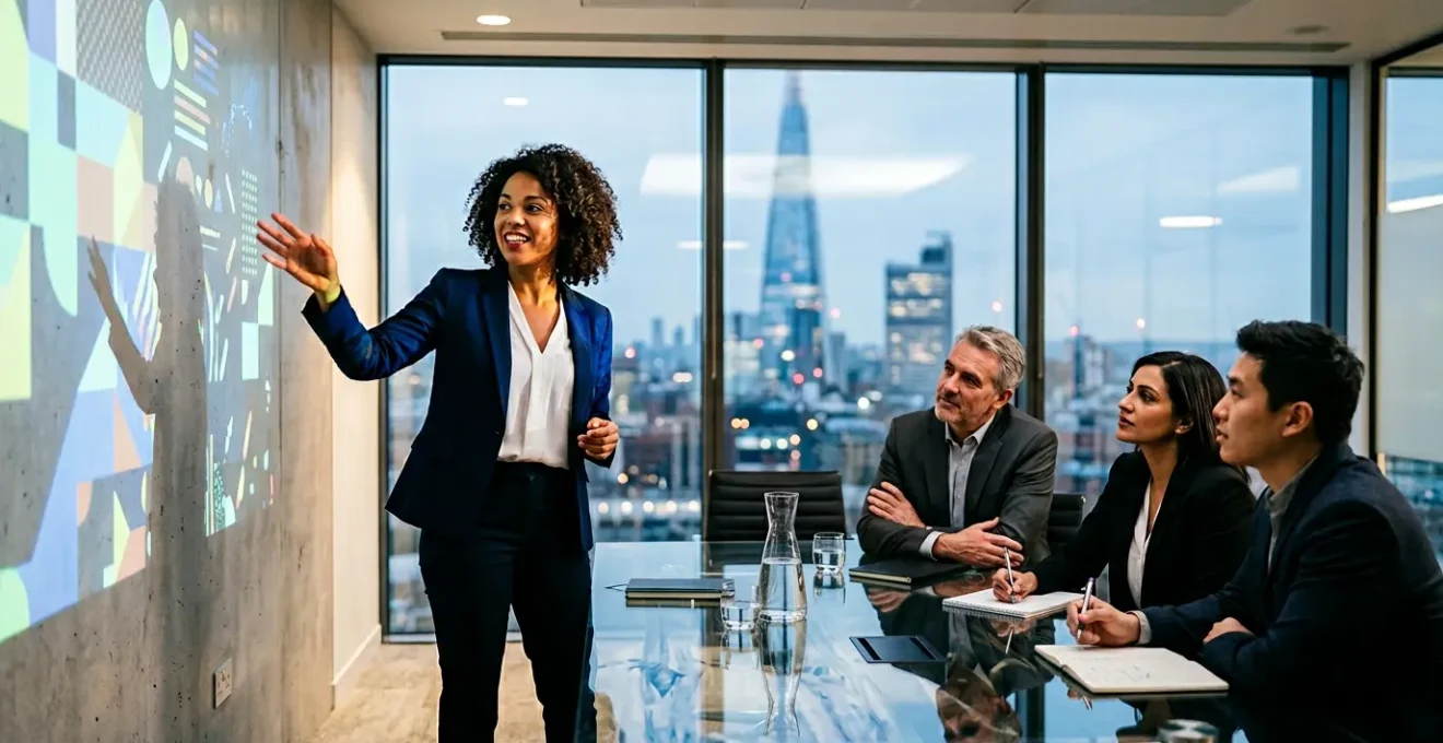 Entrepreneur presenting business plan to investors in modern office setting