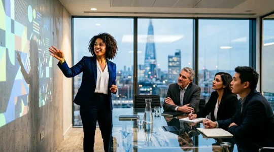 Entrepreneur presenting business plan to investors in modern office setting