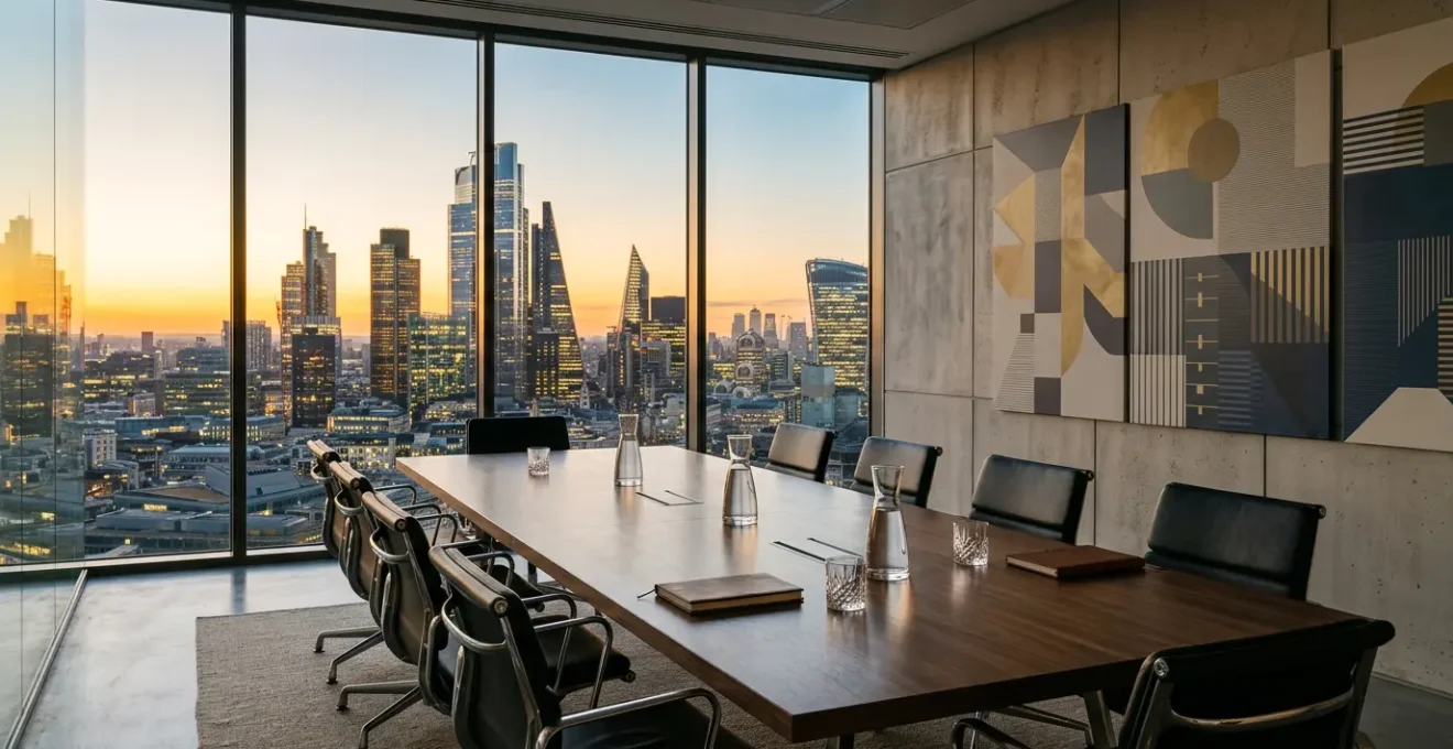Executive boardroom with financial analytics displays showing growth trends