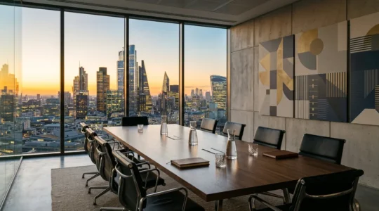 Executive boardroom with financial analytics displays showing growth trends