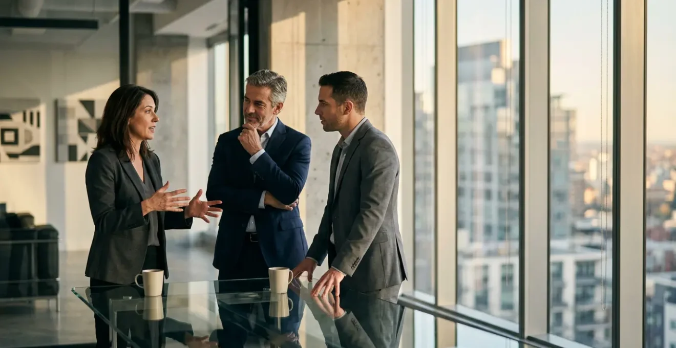 Executive team analyzing financial projections for strategic business growth