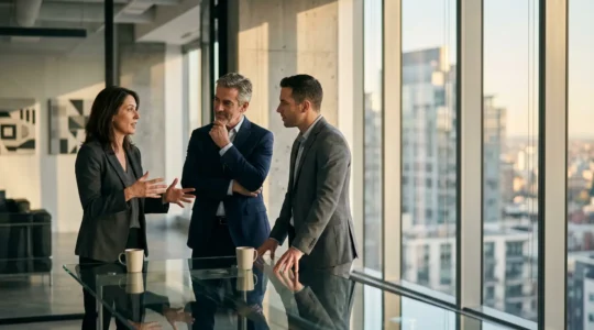 Executive team analyzing financial projections for strategic business growth