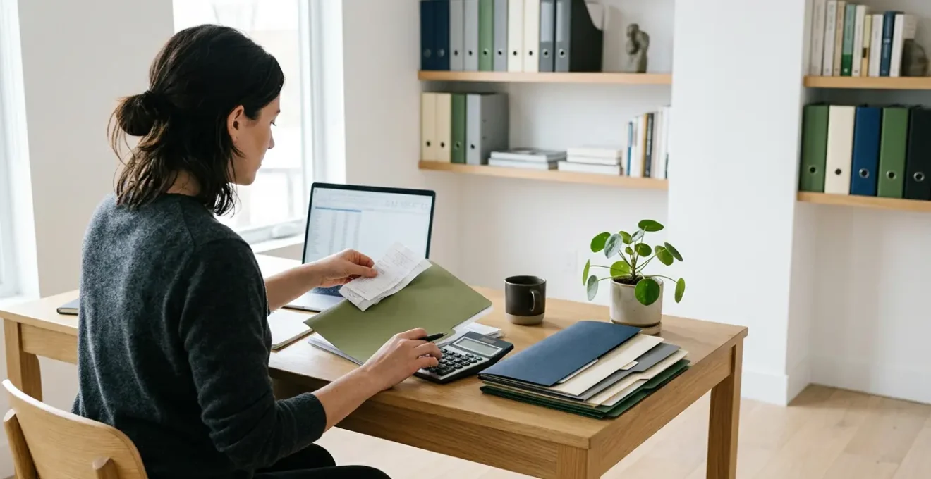 Self-employed professional organizing receipts and documents in modern home office with calculator and laptop