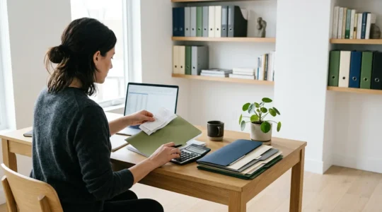 Self-employed professional organizing receipts and documents in modern home office with calculator and laptop