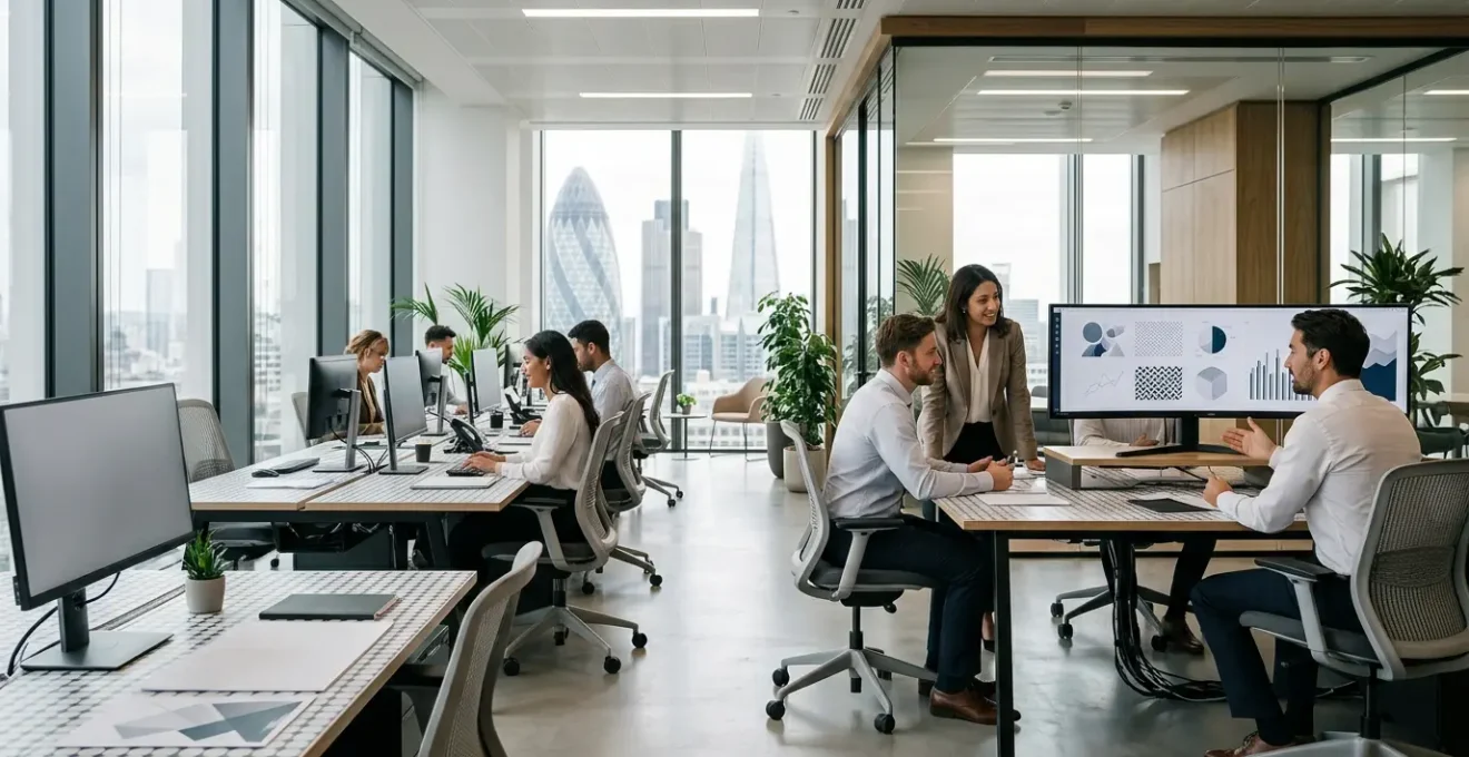 Modern UK accounting professionals collaborating across cloud platforms in remote workspace