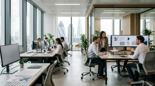 Modern UK accounting professionals collaborating across cloud platforms in remote workspace