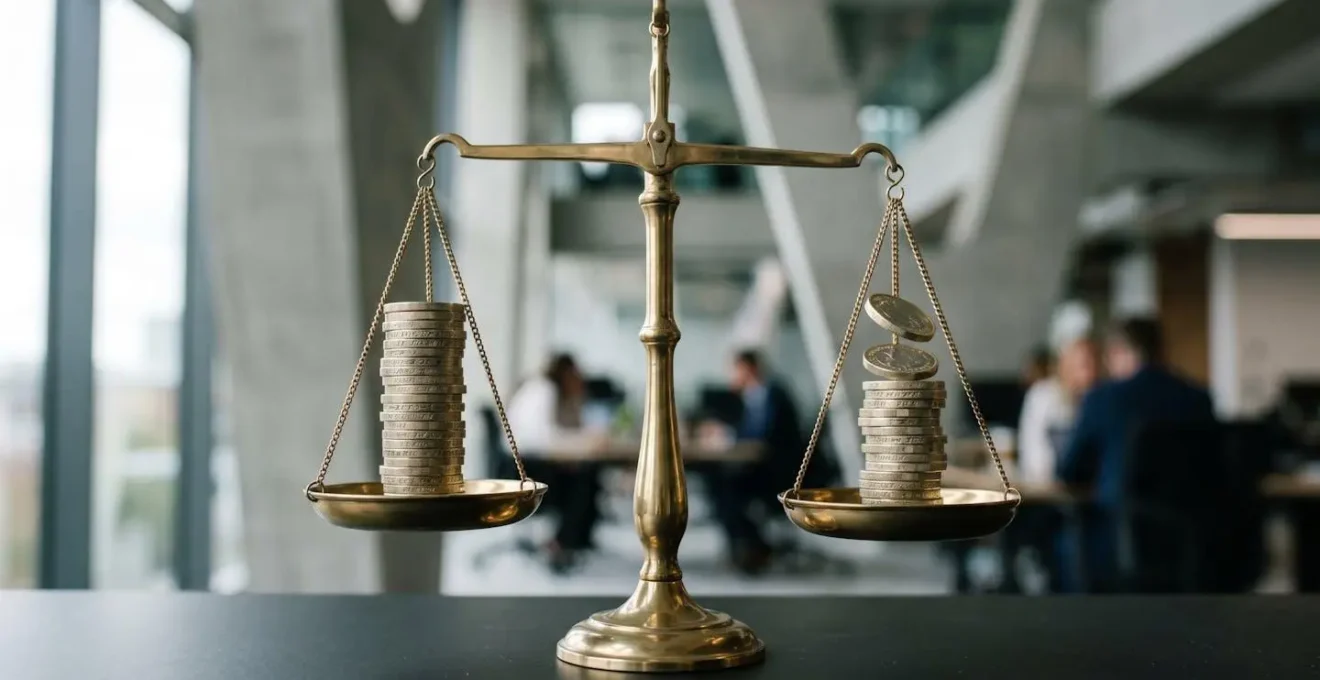 A balanced scale metaphor showing the risk of pay compression as one stack of UK pound coins rises, narrowing the gap with other stacks.