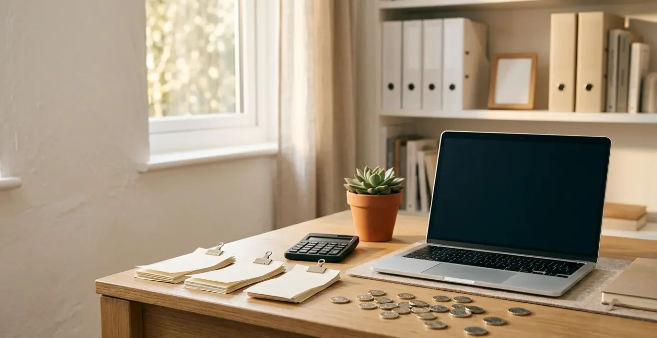 Professional home office workspace showing a UK freelancer reviewing financial documents with calculator and receipts