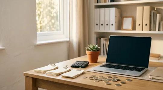 Professional home office workspace showing a UK freelancer reviewing financial documents with calculator and receipts