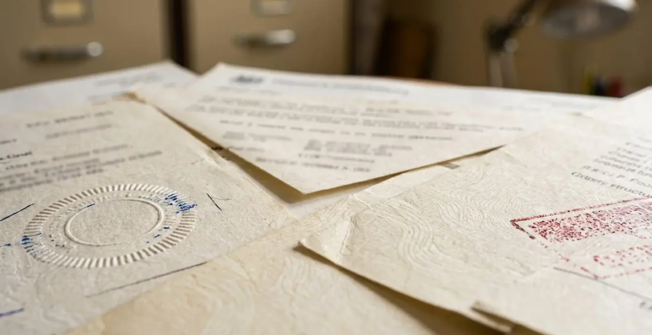A macro, textural view of official UK regulatory documents, emphasizing the importance of paper trails and record-keeping with abstract patterns of watermarks and stamps.