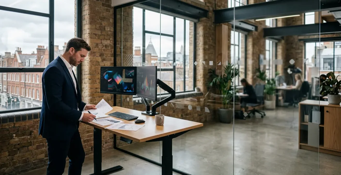 UK tech business professional analysing financial data and tax strategies in modern office environment