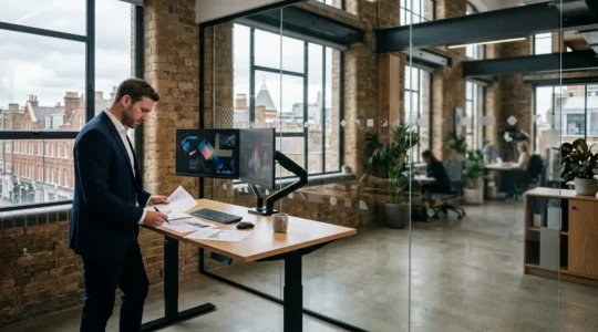 UK tech business professional analysing financial data and tax strategies in modern office environment