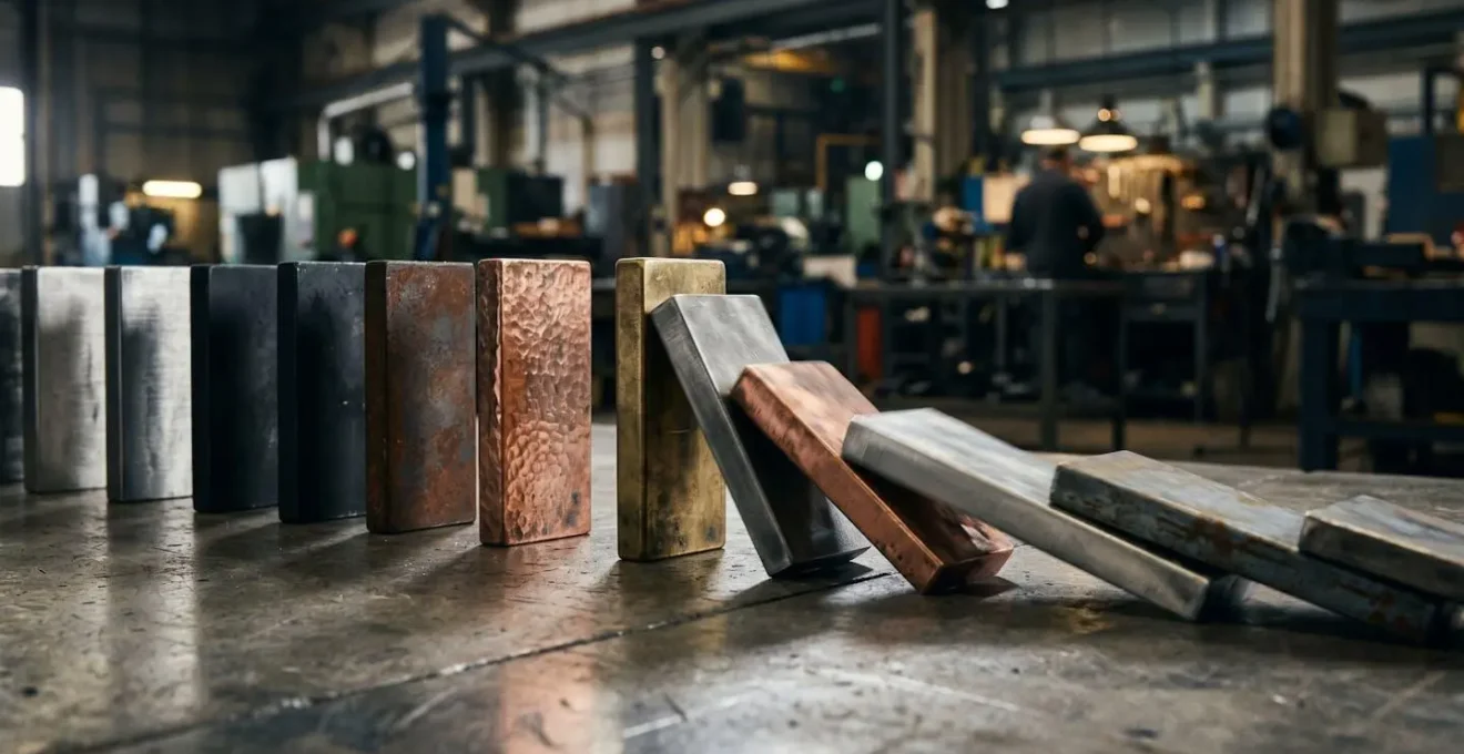 A visual metaphor of a supply chain disruption cascade effect, shown as a series of falling industrial metal dominoes.
