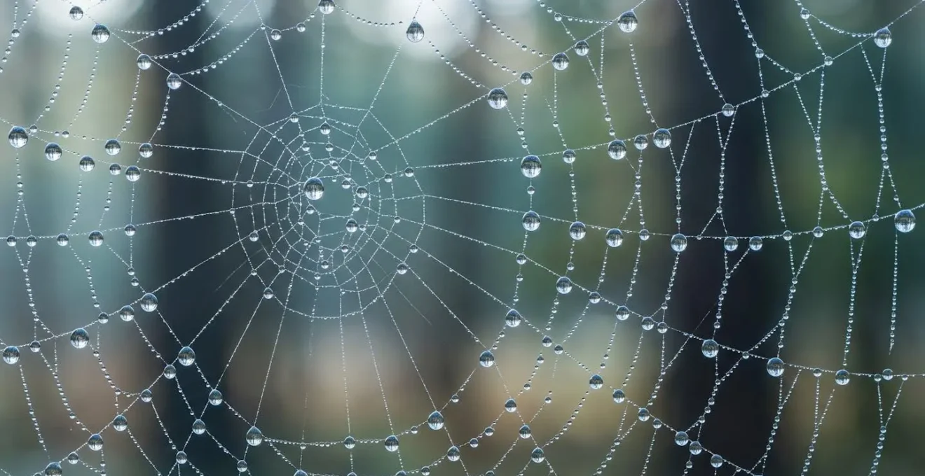 Macro shot of water droplets on a spider web showing interconnected financial flow patterns