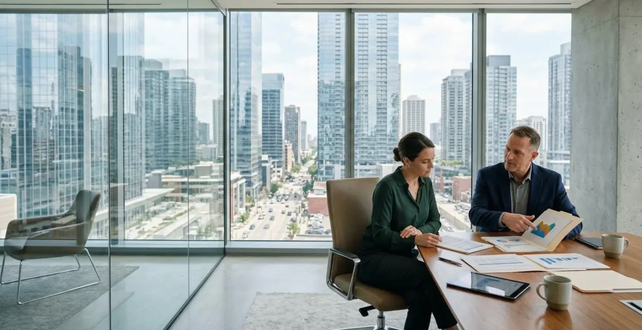 Strategic workplace pension planning session with financial documents and calculator in professional office setting